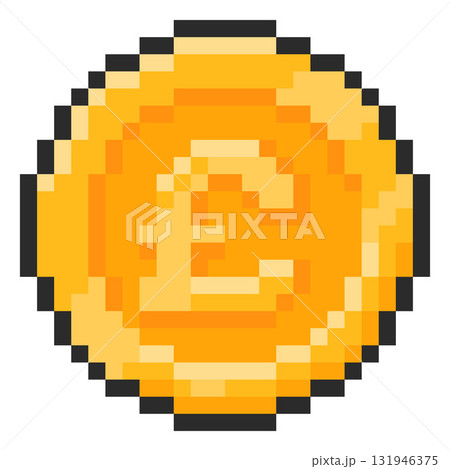 Pixelated icon of a gold coin with a pound sign, black outline, 8-bit, front view. Pixelated icon of a gold coin with a pound sign, black outline, 8-bit, front view. 131946375