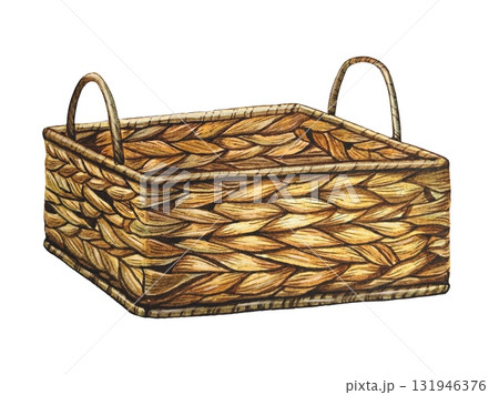 Hand drawn beige wicker basket. Watercolor illustration. Hand drawn beige wicker basket. Watercolor illustration. 131946376