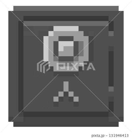 Gray, square pixelated safe with an electronic lock for storing money, jewelry, and securities. Gray, square pixelated safe with an electronic lock for storing money, jewelry, and securities. 131946413