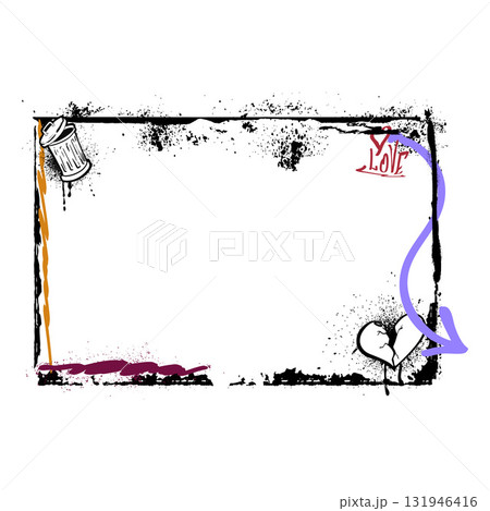 Spray painted horizontal vector border, graffiti broken heart, trash can and arrows with aerosol paint texture Love text 131946416
