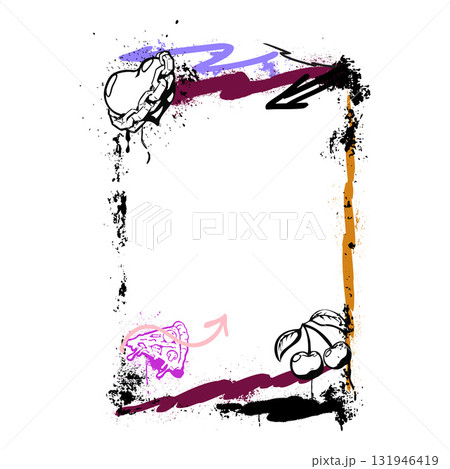 Spray painted vertical border, vector graffiti frame with cherry, pizza, chained heart and arrows aerosol paint texture Spray painted vertical border, vector graffiti frame with cherry, pizza, chained heart and arrows aerosol paint texture 131946419