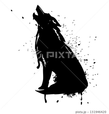 Howling wolf black spray silhouette, graffiti spraying wild animal with ink splatters and dripping vector street art Howling wolf black spray silhouette, graffiti spraying wild animal with ink splatters and dripping vector street art 131946420