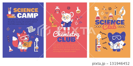 Cute animal scientists. Fox, mouse, elephant. Chemistry. 131946452