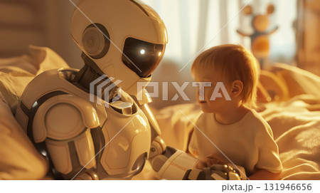未来の家庭におけるAIロボットと子供たちの共生イメージ 131946656
