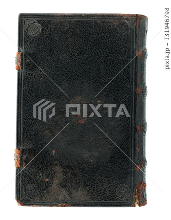 Back side of old antique closed book with textured leather cover, isolated on transparent background 131946798