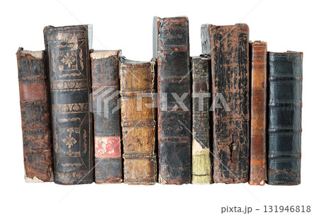 Collection of antique books standing in a row, isolated on transparent background Collection of antique books standing in a row, isolated on transparent background 131946818