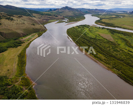 Scenic view of the Amur River in Vladivostok amid lush greenery Scenic view of the Amur River in Vladivostok amid lush greenery 131946839