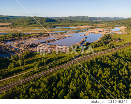 Stunning aerial view of Vladivostok's natural landscape and river Stunning aerial view of Vladivostok's natural landscape and river 131946843