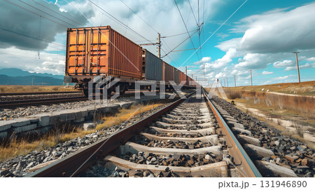 A freight train on a railway track transports containers and tanks with fuel. AI Generated A freight train on a railway track transports containers and tanks with fuel. AI Generated 131946890