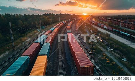 A freight train on a railway track transports containers and tanks with fuel. AI Generated 131946892