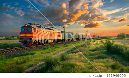 A freight train on a railway track transports containers and tanks with fuel. AI Generated A freight train on a railway track transports containers and tanks with fuel. AI Generated 131946906