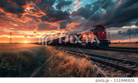 A freight train on a railway track transports containers and tanks with fuel. AI Generated 131946926