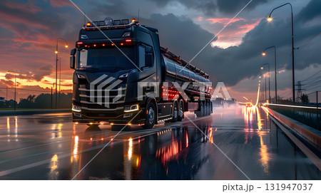 A large truck with a tank for transporting petroleum products on the highway in the evening. AI Generated A large truck with a tank for transporting petroleum products on the highway in the evening. AI Generated 131947037