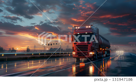 A large truck with a tank for transporting petroleum products on the highway in the evening. AI Generated A large truck with a tank for transporting petroleum products on the highway in the evening. AI Generated 131947186