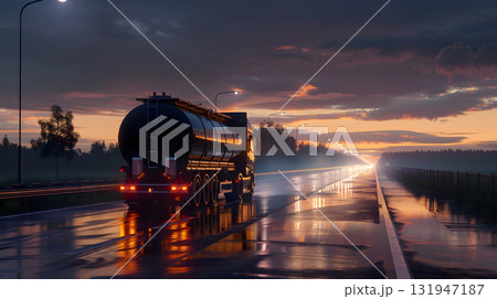 A large truck with a tank for transporting petroleum products on the highway in the evening. AI Generated A large truck with a tank for transporting petroleum products on the highway in the evening. AI Generated 131947187