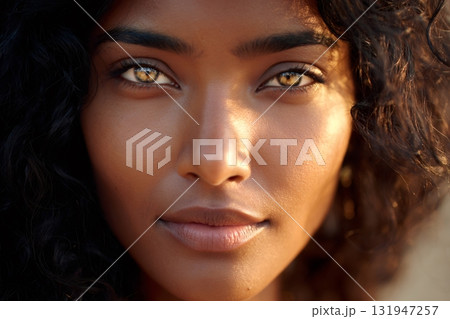 Woman face close up with beautiful olive eyes 131947257