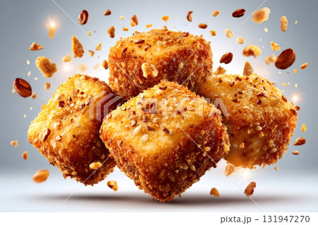 Fried breaded cheese bites with falling nuts and crumbs Fried breaded cheese bites with falling nuts and crumbs 131947270