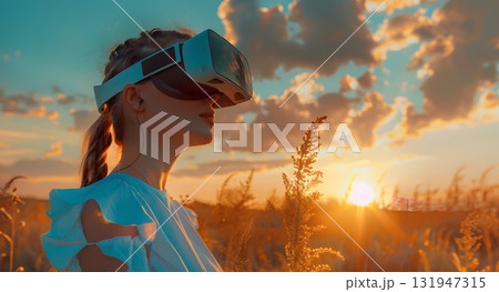 A woman wearing virtual glasses will wipe while controlling a program. AI Generated A woman wearing virtual glasses will wipe while controlling a program. AI Generated 131947315