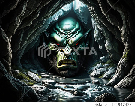Menacing ape-like creature in a cavern. A colossal, menacing creature with ape-like features and glowing red eyes fills the cavern entrance. Menacing ape-like creature in a cavern. A colossal, menacing creature with ape-like features and glowing red eyes fills the cavern entrance. 131947478