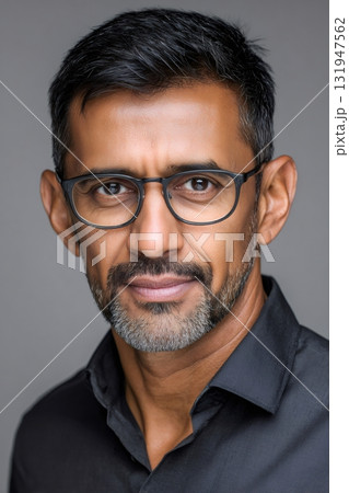Professional indian man headshot wearing glasses looking straight Professional indian man headshot wearing glasses looking straight 131947562