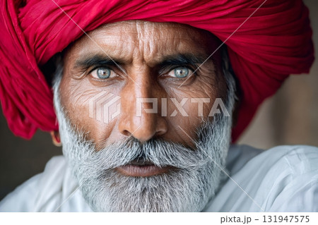 Elderly indian man wearing red turban looking 131947575
