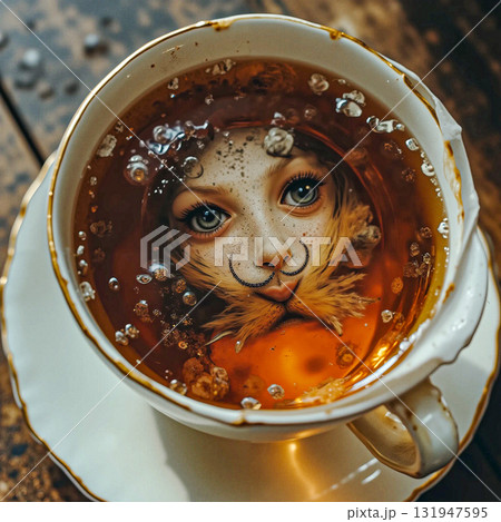 Surreal teacup portrait whimsical face within brew. A teacup filled with amber tea features a whimsical, surreal image of a humanoid face, resembling a lion, emerging from within the liquid. 131947595