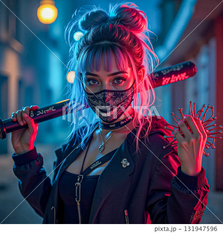Anime girl with baseball bat and red mask in neon city. A stylized anime girl wearing a red mask with a painted-on smile and holding a bat. 131947596