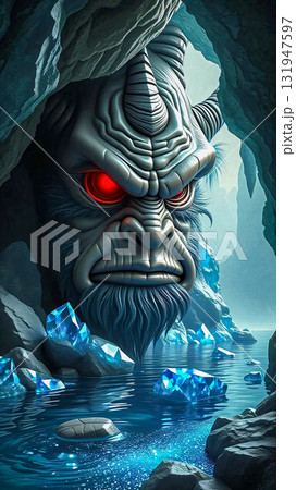 The gaze of the Ice guardian. Mythical creature's face carved into a rocky cave entrance. 131947597