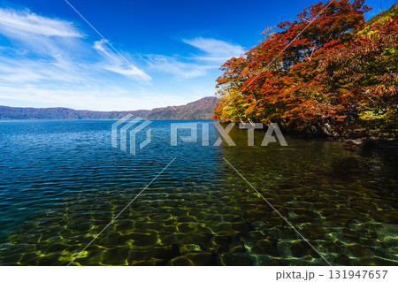 紅葉映える秋の十和田湖と澄んだ湖面 131947657