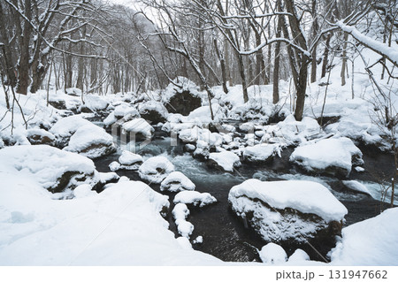 雪に覆われた冬の森と渓流の風景 雪に覆われた冬の森と渓流の風景 131947662