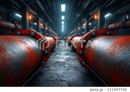 Industrial pipeline running through a dark tunnel 131947740