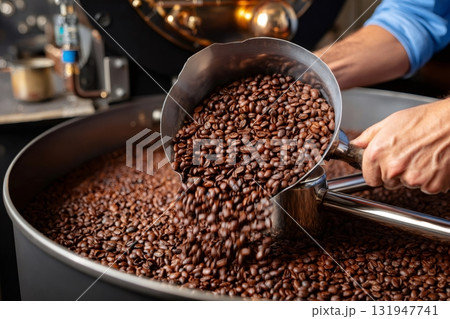 Man's hands pouring roasted coffee beans into cooler 131947741