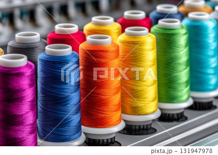 Colorful sewing thread spools on industrial embroidery machine 131947978