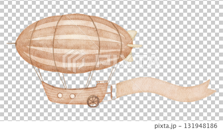Zeppelin with banner. Watercolor isolated illustration with empty space for text, neutral colors 131948186