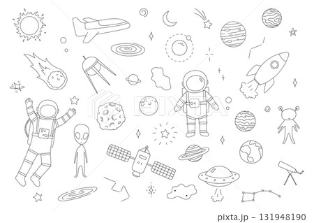 Space line art, planets, rocket, astronaut and stars. Alien sketch, space doodle hand drawn illustrations, ufo childish set 131948190