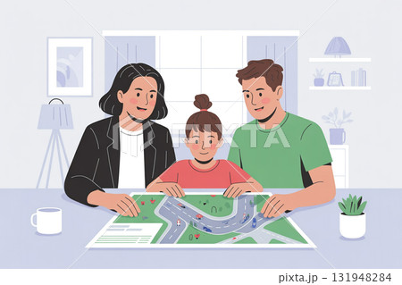 防災マップを確認する家族のイラスト 防災マップを確認する家族のイラスト 131948284