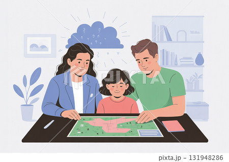 防災マップを確認する家族のイラスト 防災マップを確認する家族のイラスト 131948286