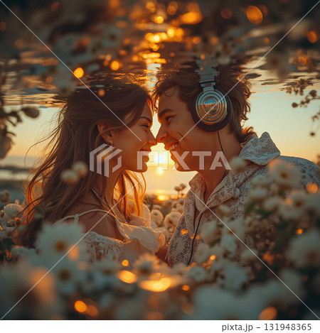 Romantic sunset embrace couple in flower sea. A young couple, a woman and a man, share an affectionate moment at sunset, surrounded by a sea of white flowers. 131948365