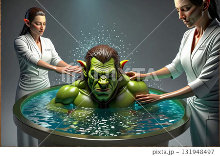 Orc's therapeutic soak with attendants. A fictional green-skinned orc enjoys a therapeutic soak in a circular water vessel, attended by two women with elf-like ears. Orc's therapeutic soak with attendants. A fictional green-skinned orc enjoys a therapeutic soak in a circular water vessel, attended by two women with elf-like ears. 131948497