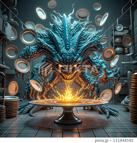 The monster in the kitchen looks at the flames in the whirlwind of plates. A fantastical creature with glowing eyes and sharp teeth dominates a kitchen scene.  131948592