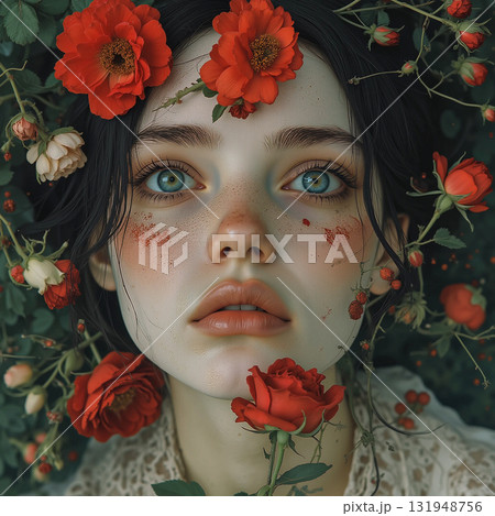 Ethereal beauty a woman adorned with roses. A woman with striking blue eyes gazes upwards, surrounded by vivid red roses. Ethereal beauty a woman adorned with roses. A woman with striking blue eyes gazes upwards, surrounded by vivid red roses. 131948756