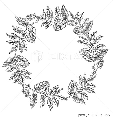 A wreath of coffee tree branches with ripe berries. A realistic coffee-themed vector illustration for product design, apparel printing, posters, and interior design. A wreath of coffee tree branches with ripe berries. A realistic coffee-themed vector illustration for product design, apparel printing, posters, and interior design. 131948795