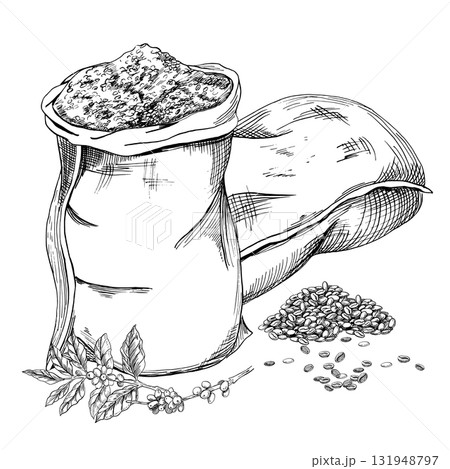 Two bags of coffee and coffee tree branches. A realistic coffee-themed vector illustration for product design, apparel printing, posters, and interior design. Two bags of coffee and coffee tree branches. A realistic coffee-themed vector illustration for product design, apparel printing, posters, and interior design. 131948797