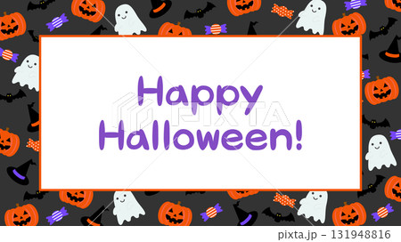 かわいいハロウィンの黒フレーム背景ベクターイラスト素材【文字あり】【横長】 131948816