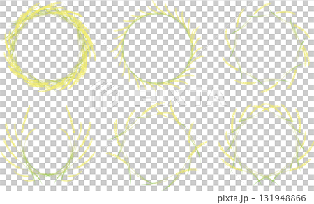 A frame set of rice plants with yellow rice grains and green ears arranged in a circle 131948866