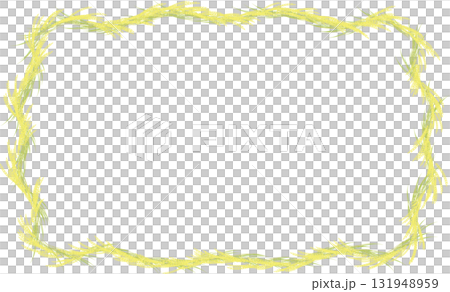 A rectangular frame surrounded by bunches of rice ears on a wavy line 131948959