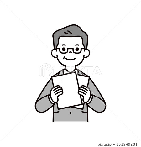 書類を持って紹介する、ミドル世代の代表取締役社長のシンプルな上半身ベクターイラスト素材 131949281