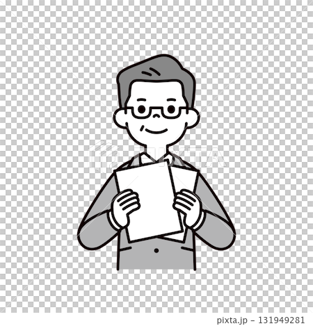 書類を持って紹介する、ミドル世代の代表取締役社長のシンプルな上半身ベクターイラスト素材 131949281