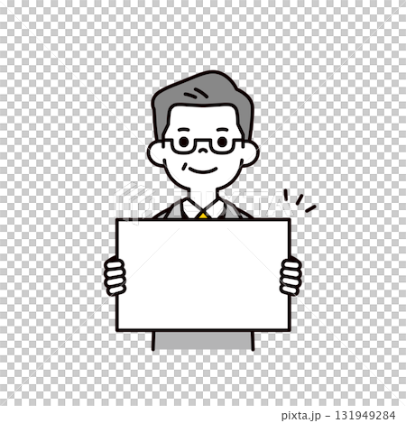 A simple upper body vector illustration of a middle-aged businessman holding a message board 131949284