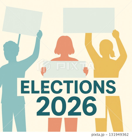 Elections 2026 concept with diverse silhouettes holding blank signs 131949362